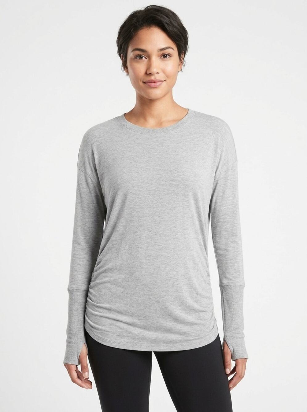 Athleta Gray Ruched Side Long Sleeve Tunic Knit Top Women Size M